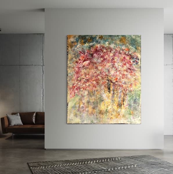 Cherry Blossom — reverse — natural burlap fabrics — hemp, jute, linen, and cotton, 74" × 64", by Polen Cerci