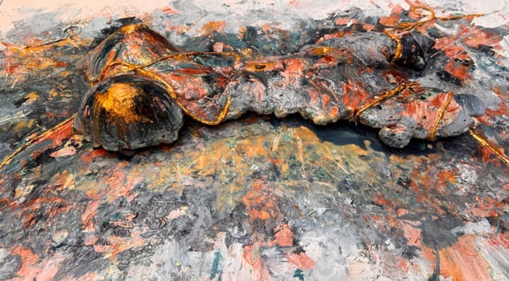 Colorful Lullaby — sculpted canvas relief, 24kt gold, acrylic, resin, 30" × 48", by Polen Cerci