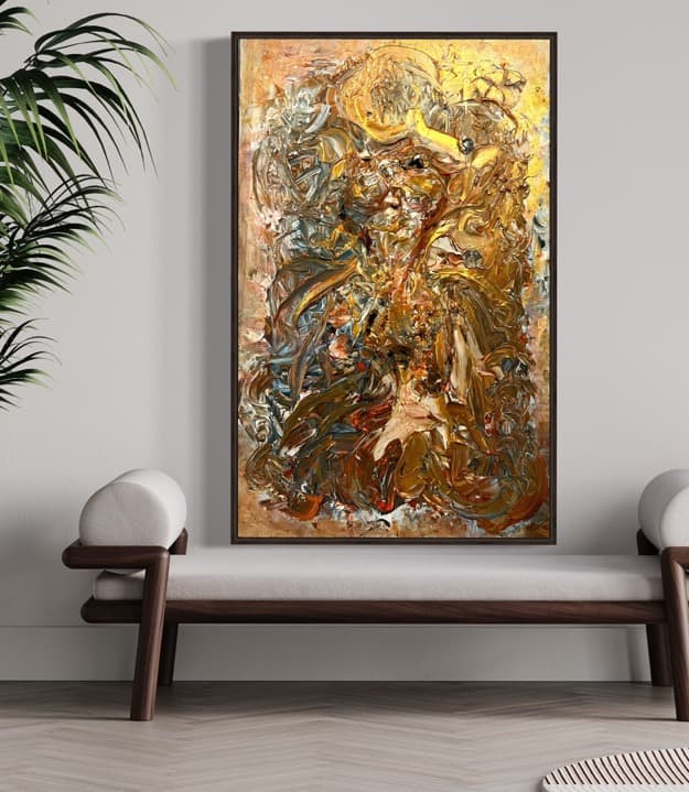 Golden River — sculpted canvas relief, 24kt gold, acrylic, resin, 48" × 30", by Polen Cerci