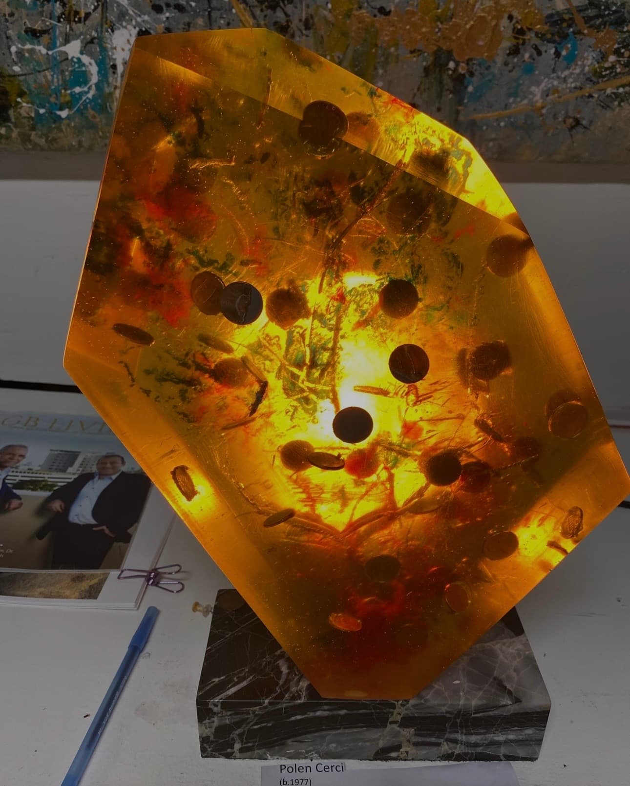 Golden Rock — pennies, amber resin, marble, 22" × 20", by Polen Cerci