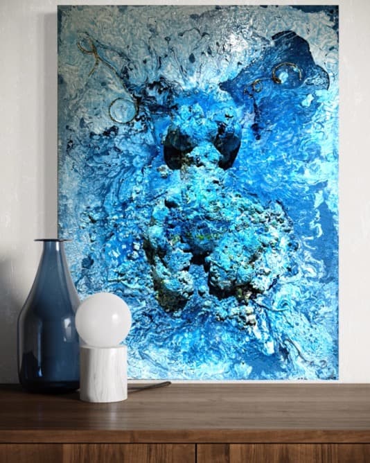 Lady Blue Blue — sculpted canvas relief, 24kt gold, acrylic, resin, 48" × 36", by Polen Cerci
