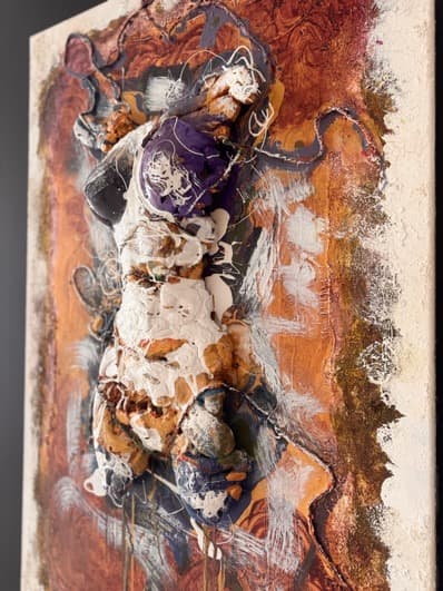 Kimani — sculpted canvas relief, 24kt gold, acrylic, resin, 48" × 36", by Polen Cerci